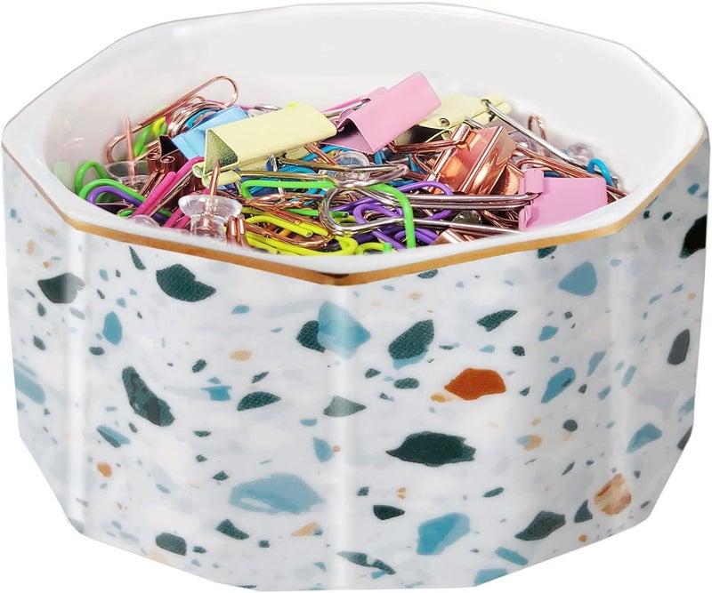 LEAZUL Ceramic Paper Clip Holder Gold Line Paper Clip Dispenser Organizer for Desk Cute Terrazzo Marble Pattern Office Binder Clip Holder Bobby Pin and Hair Clip Holder Gift for Office Blue - Image 1